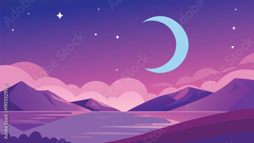 A serene mountain landscape under a crescent moon