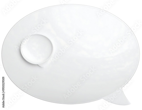Glossy white speech bubble featuring an attached mini bubble, angled slightly, isolated on a plain background