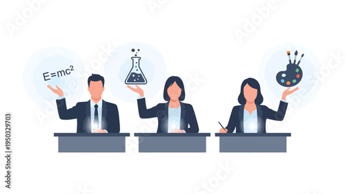 Educational Excellence: Three individuals representing the fields of science, math, and art, showcase their respective icons of knowledge and creation in a graphic illustration.