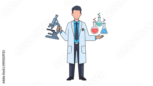 Scientist with Lab Tools: A skilled scientist stands ready, surrounded by essential tools of the trade: a microscope, and colorful beakers, embodying dedication to scientific pursuit and discovery.