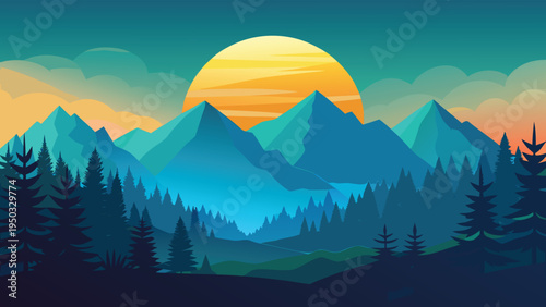 A mountain range with trees and a sun in the background