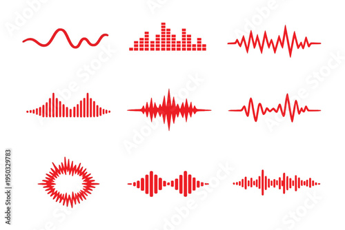 
A red heart and heartbeat symbol forms a medical ECG pulse line with an equalizer wave vector illustration for audio music and technology design