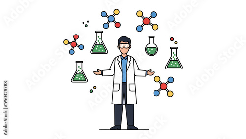 The Alchemist: An illustration of a scientist surrounded by chemical elements and glassware, symbolizing a breakthrough in scientific discovery.