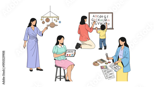 Teaching Moment: A collection of educational moments showcases a dedicated educator guiding young minds through various learning experiences.