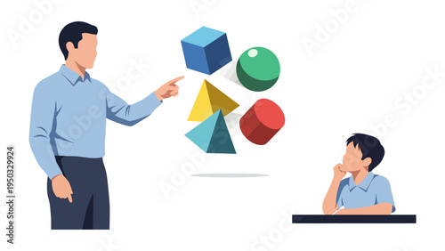 Teaching Shapes: A mentor illustrates geometric forms to a student, sparking curiosity and illustrating concepts in a clean and graphic design