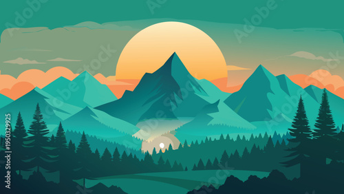 A serene mountain landscape with a large sun
