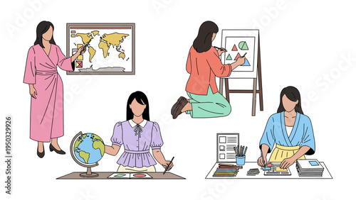 Versatile Educators in Action: A collection of illustrations showcasing teachers in various educational settings. From guiding geography lessons to nurturing artistic creativity.
