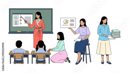 Empowering Educators: A collection of educators in diverse teaching scenarios, engaged in the act of instructing, inspiring, and guiding students, fostering growth and learning.