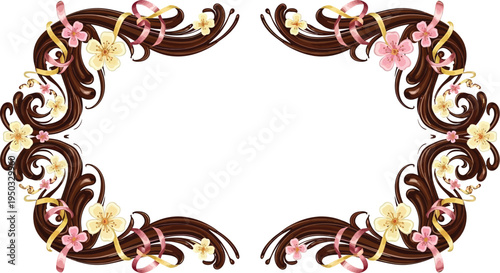 A beautiful floral border design with brown swirls and pink flowers on a white background
