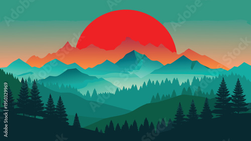 A colorful mountain landscape with a large red sun
