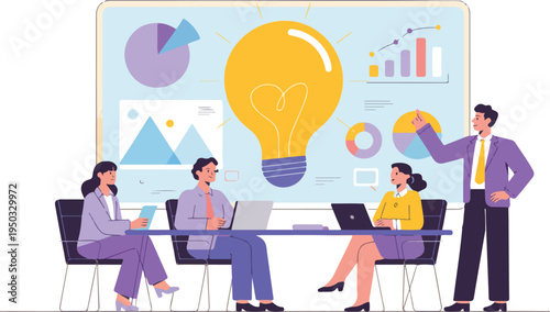 Flat design business strategy illustration featuring a marketing funnel with icons for growth data and corporate process management.