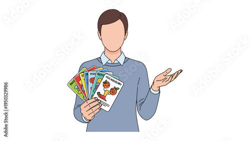 Customer Display: A presenter, holding an assortment of product cards, extends an open hand, inviting curiosity and engagement about the displayed options.