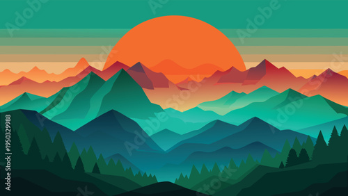 A colorful mountain range with a sunset