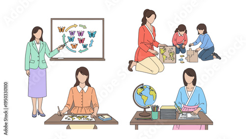 Nurturing Minds and Wonder: A collage of illustrations showcases dedicated educators inspiring young learners through engaging activities, fostering curiosity, and cultivating a love for discovery.