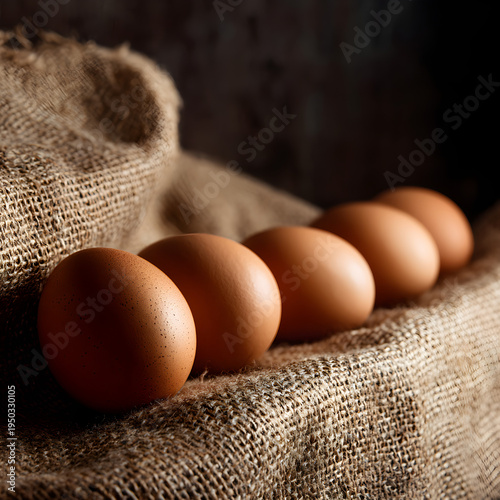 A row of natural brown eggs resting on a thick burlap sack in a dimly lit rustic pantry. - Image #2 @Ai content creator