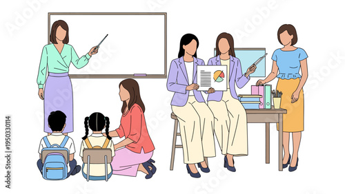 Educator's Guidance: Illustrative depictions of instructors interacting with students and presenting educational material, highlighting the essence of mentoring and the educational setting.