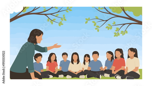 Learning Under the Shade: A teacher inspires a circle of students as they gather beneath the comforting shade of a tree, fostering a tranquil learning environment.