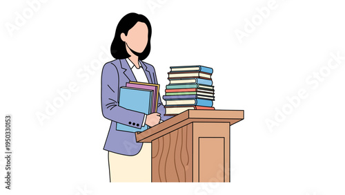 Lecturer and Stacked Books: A composed woman, possibly a lecturer, stands behind a wooden podium, with stacked books and holding files, ready to share knowledge and inspire.