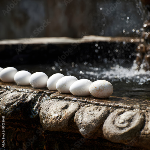 A row of white eggs placed along the edge of a rustic stone fountain with water splashing in the background. - Image #2 @Ai content creator