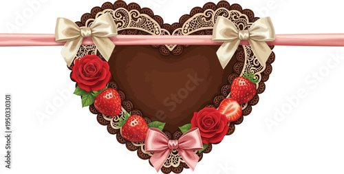 A chocolate heart with strawberries and roses is hanging on a pink stick