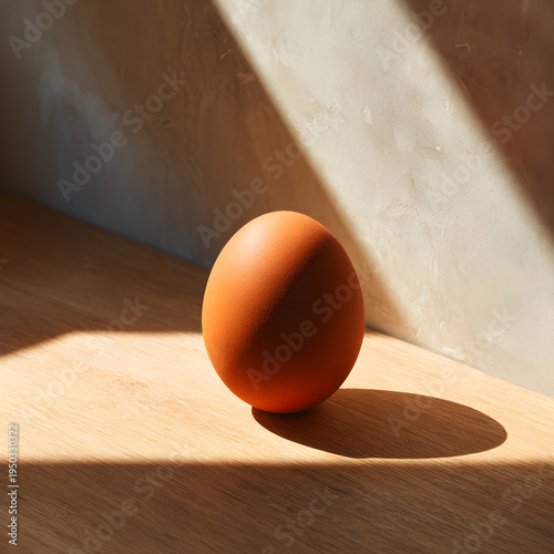 A single matte terracotta egg placed on a light oak wood surface with sharp architectural shadows. - Image #1 @Ai content creator
