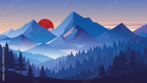 A digital illustration of a mountain range at sunset