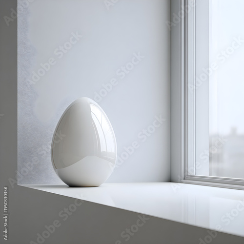 A single porcelain egg with a glossy finish reflecting a bright window view on a minimalist white shelf. - Image #1 @Ai content creator