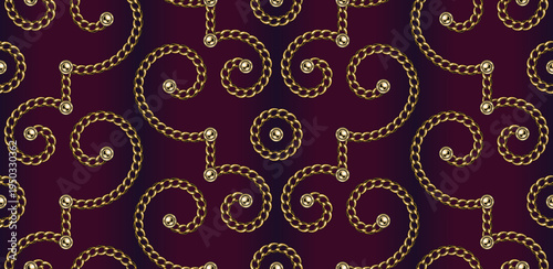 Ornate scrollwork seamless pattern with golden chains, golden beads, delicate swirling motifs. Detailed illustration in luxury vintage style. Maroon dark background for luxury packaging, fashion