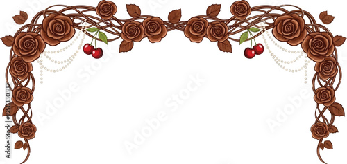 A beautiful floral arch with roses and cherries on a white background