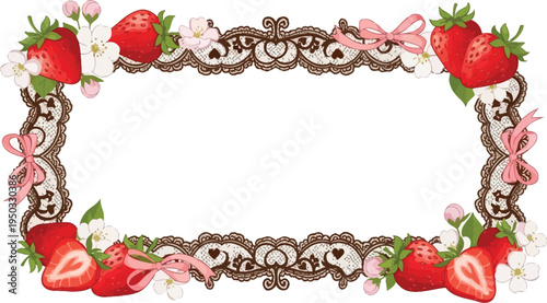 A beautiful illustration of a strawberry border with pink bows and flowers on a white background