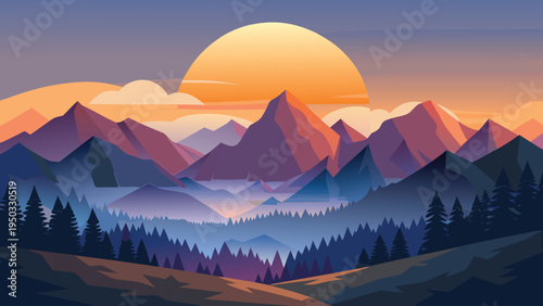 A sunset over a mountain range with trees
