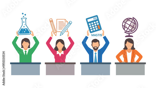 Knowledge's Architects: A group of individuals embodies the spirit of education, each holding symbols of knowledge, illustrating the diverse aspects of learning. 