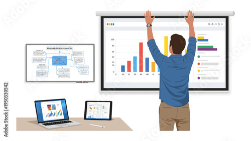Tech-Savvy Presentation: A professional demonstrates a project on display with modern presentation tools. The focus is on a data projection, showcasing the importance of clear information sharing. 