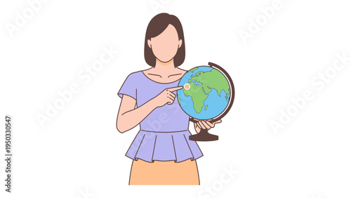 Knowledge Explorer: A person stands with a globe, her finger poised to illuminate a point on the map, illustrating the essence of learning, exploration, and the pursuit of information.