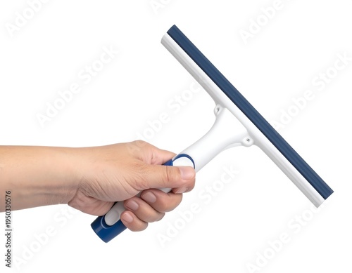 Hand holds a white-and-blue handled squeegee against white background, ready for cleaning tasks