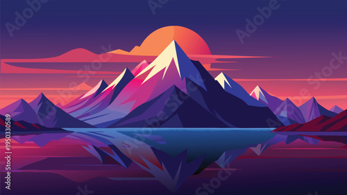 A mountain range with a lake and a sun in the background