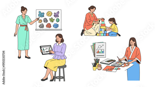 Women at work: A composite of illustrations showcasing women engaged in various activities, representing the diversity of female participation in the modern workplace and home