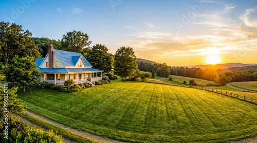 Charming Country Home with Blue Roof and Porch at Golden Hour in Idyllic Rural Landscape with Rolling Hills and Lush Green Fields