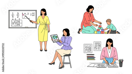 Moments of a Teacher's Day: A diverse portrayal of a teacher engaging in various aspects of her profession: educating students, guiding activities, sharing knowledge.