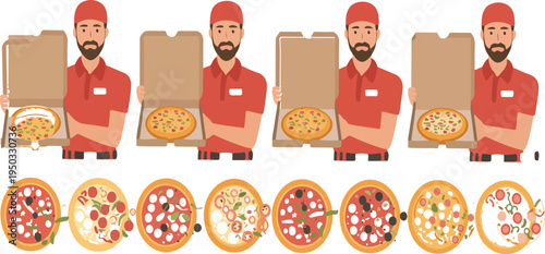 Handsome delivery man in red uniform in various poses holding and presenting pizza, tasty food delivery set vector illustration