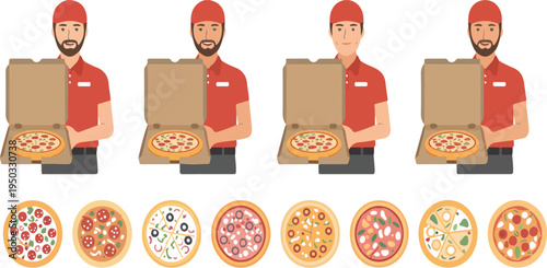 Handsome delivery man in red uniform in various poses holding and presenting pizza, tasty food delivery set vector illustration