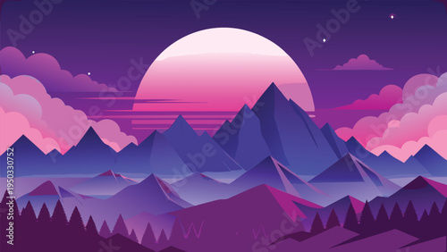 A purple mountain range with a pink and purple sky