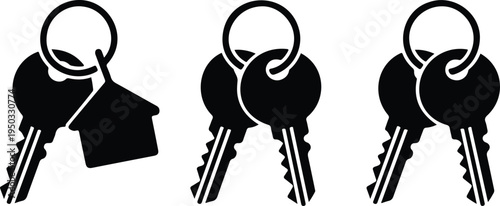Minimalist house key icon set with keychain and silhouette keys arranged horizontally in clean black and white design