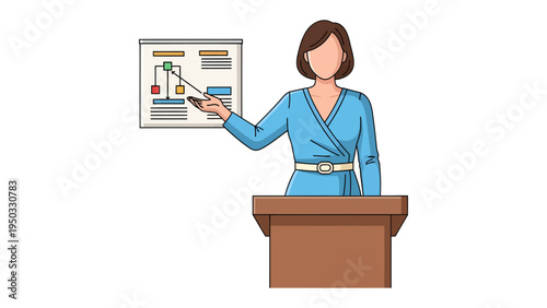 Strategic Insights: An articulate presenter, poised behind a podium, gestures towards a comprehensive diagram, illuminating the essence of strategic planning and impactful communication.