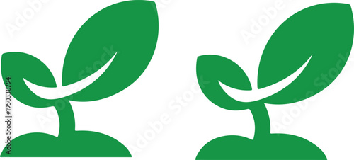 Minimalist green plant sprout logo with two leaf icons symbolizing growth, nature and eco sustainability design