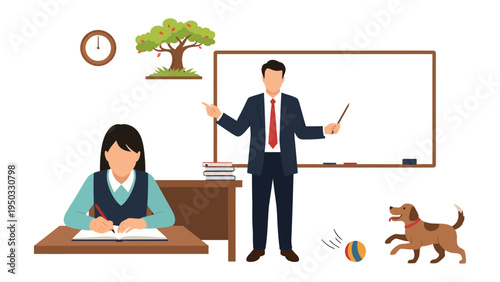 Classroom Scene: A teacher guides a student with a pet dog present. A scene representing a typical study and work in class and school.