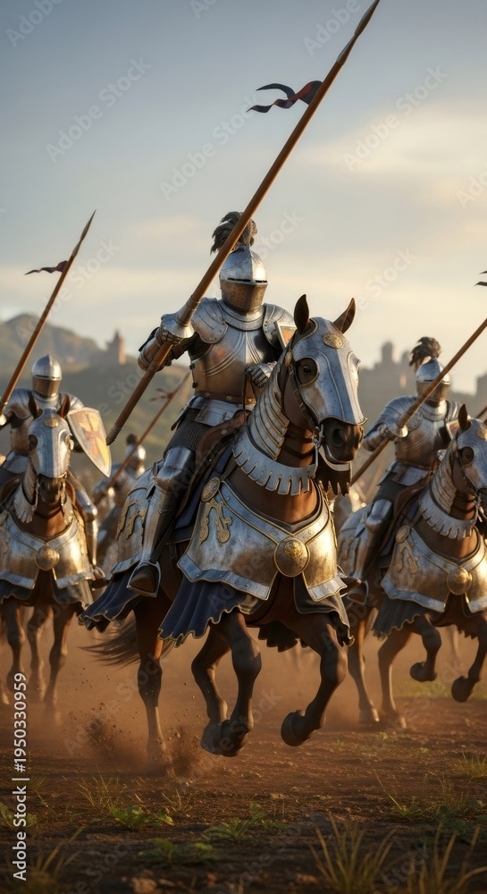 Fototapeta premium Knights on horseback with spears charging into battle, armored soldiers riding across a dusty field for medieval warfare reenactment.