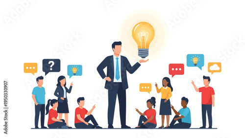 Inspiring Ideas: An illustration showcasing a leader sharing the spark of innovation with his team, represented by a glowing light bulb.
