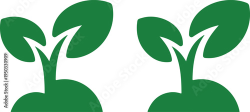 Minimalist green plant sprout logo with two leaf icons symbolizing growth, nature and eco sustainability design