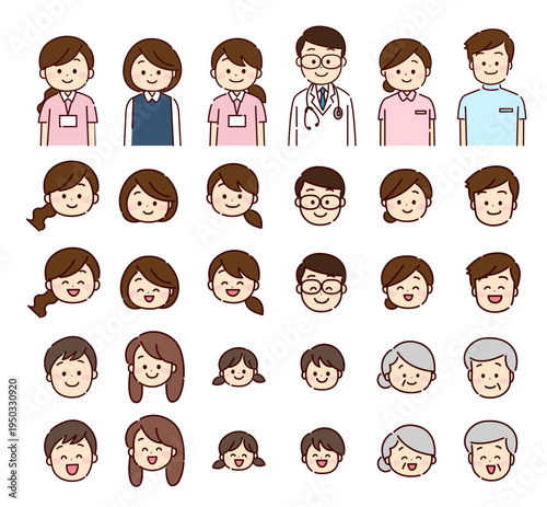 笑顔の医療従事者と家族の顔セット